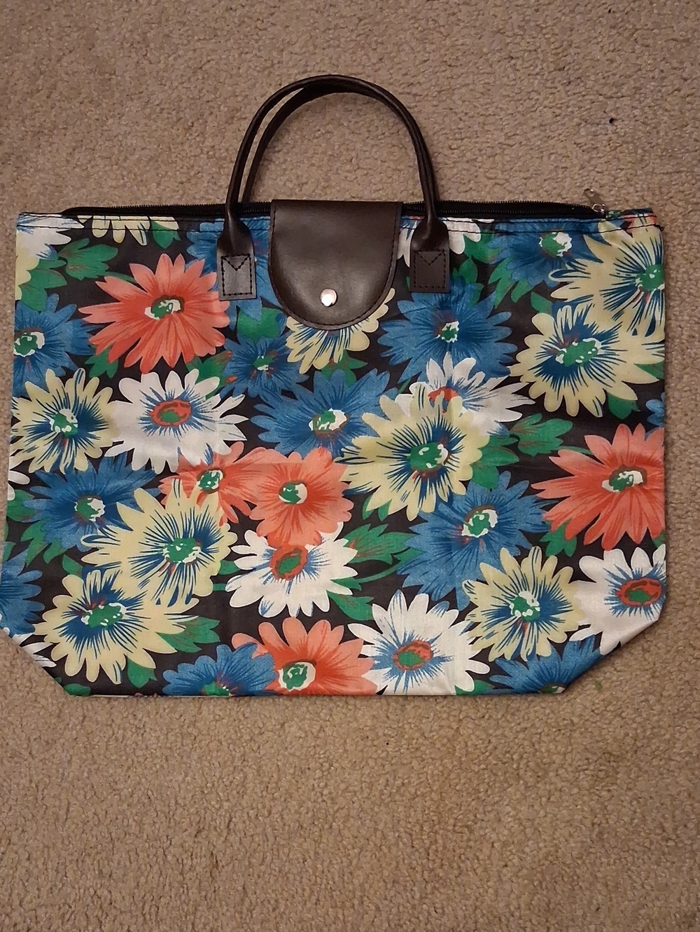 Floral Multi-Color Vinyl Tote with Black Trim